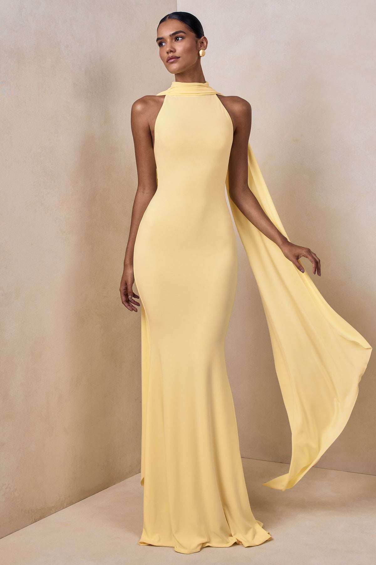 Cordy | Lemon High-Neck Maxi Dress With Cape - UK 12 Lemon Cordy | Lemon High-Neck Maxi Dress With Cape - UK 12 Lemon