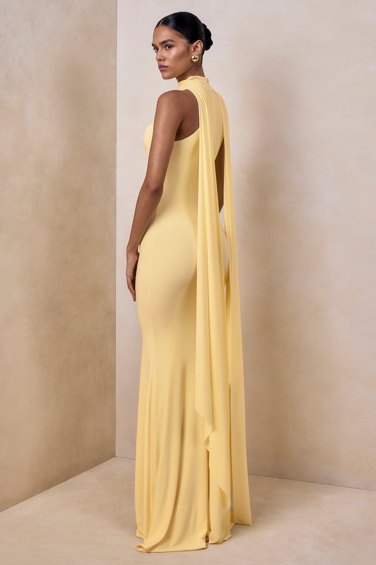 Cordy | Lemon High-Neck Maxi Dress With Cape Cordy | Lemon High-Neck Maxi Dress With Cape
