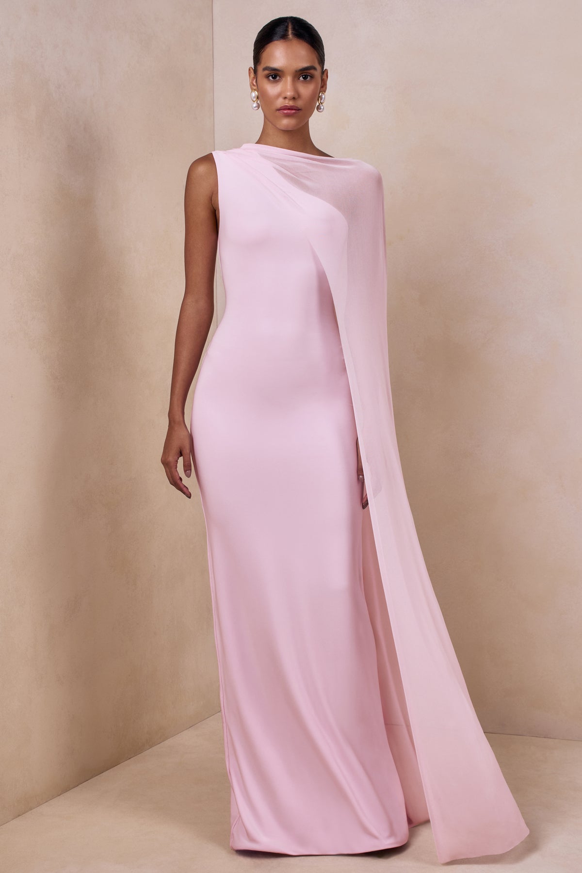 Mirelle Light Pink Boat-Neck Maxi Dress With Cape-Sleeve Club L London - USA Mirelle Light Pink Boat-Neck Maxi Dress With Cape-Sleeve Club L London - USA