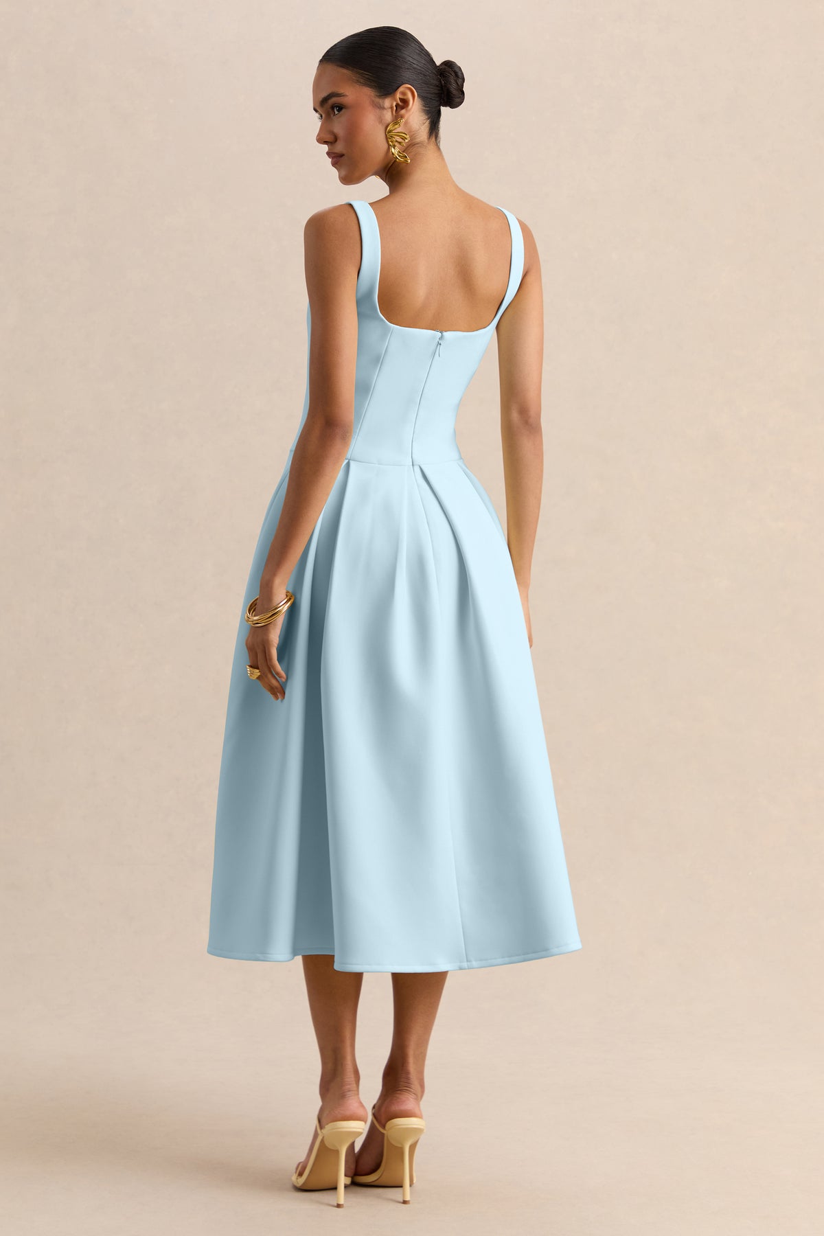 light blue bridesmaid dresses midi Greta | Powder-Blue Sweetheart-Neck Midi Dress