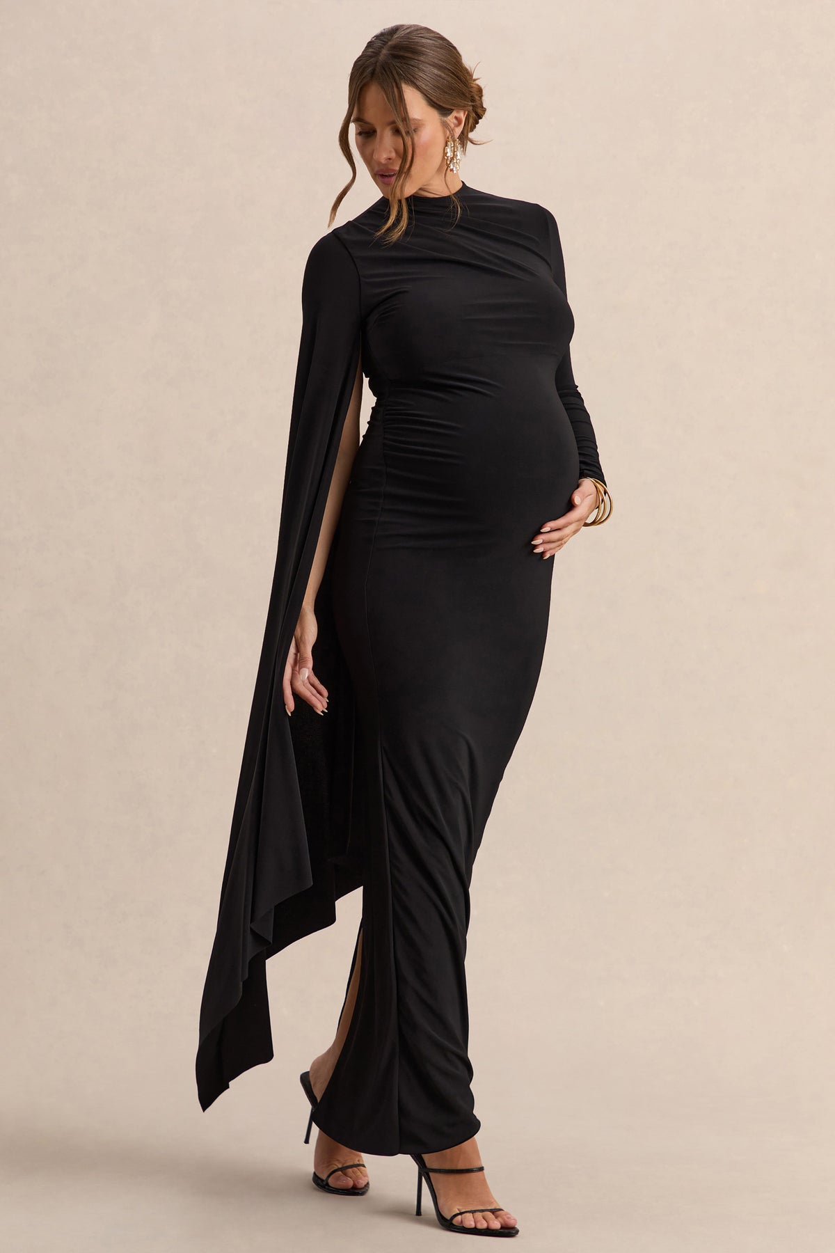 Lavinia | Black High-Neck Maternity Maxi Dress With Cape-Sleeve - UK 14 Black Lavinia | Black High-Neck Maternity Maxi Dress With Cape-Sleeve - UK 14 Black