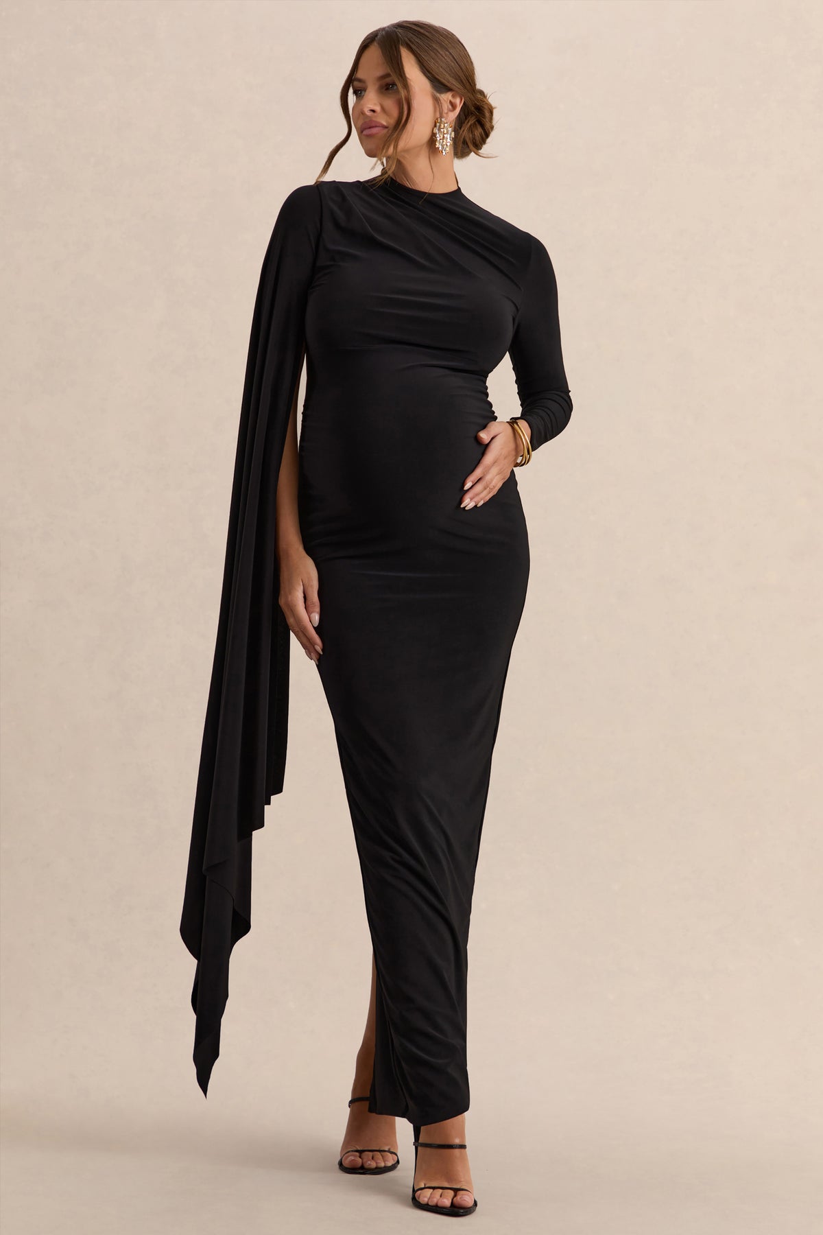 Lavinia | Black High-Neck Maternity Maxi Dress With Cape-Sleeve - UK 14 Black Lavinia | Black High-Neck Maternity Maxi Dress With Cape-Sleeve - UK 14 Black