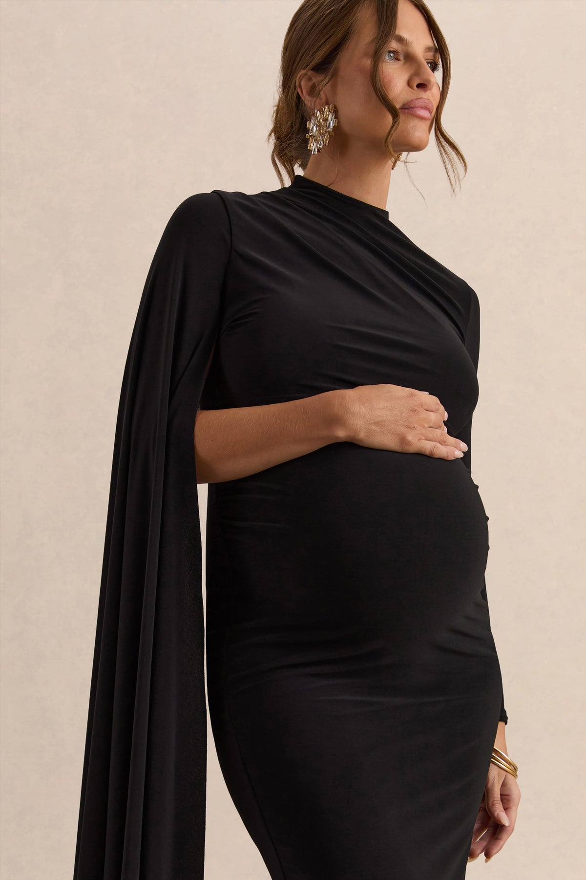 Lavinia | Black High-Neck Maternity Maxi Dress With Cape-Sleeve - UK 14 Black Lavinia | Black High-Neck Maternity Maxi Dress With Cape-Sleeve - UK 14 Black