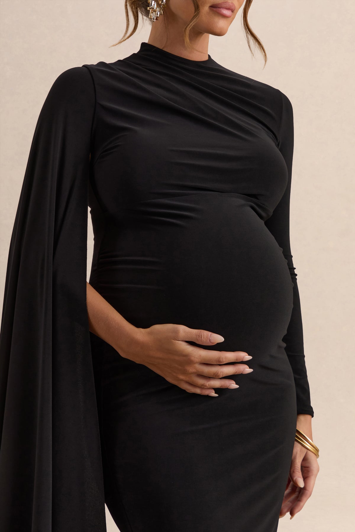 Lavinia | Black High-Neck Maternity Maxi Dress With Cape-Sleeve - UK 14 Black Lavinia | Black High-Neck Maternity Maxi Dress With Cape-Sleeve - UK 14 Black