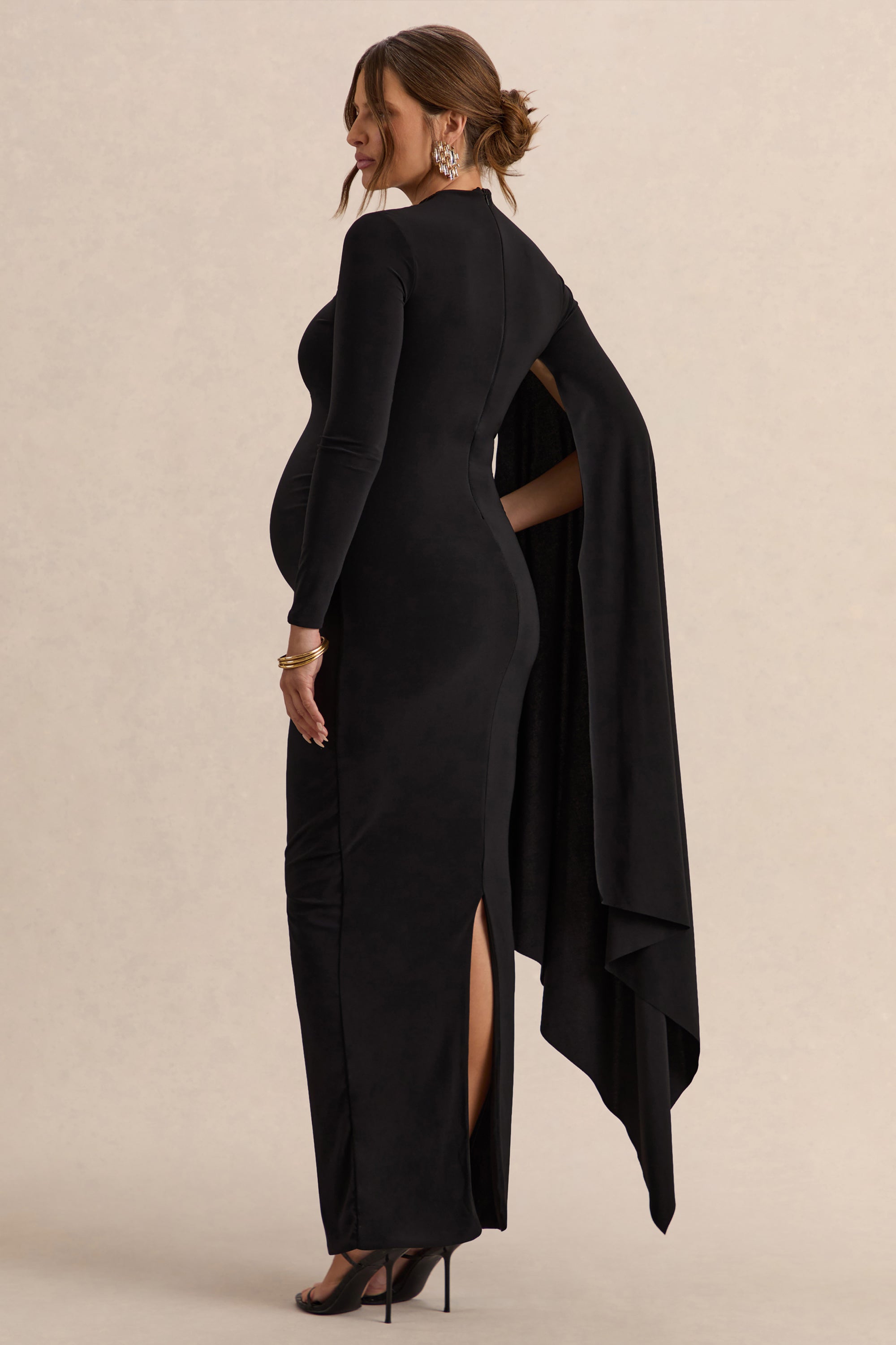 black floor length maternity dress Wren Photoshoot Gown | Satin Flowy Dress, Corset Back, Split Belly, One Size drapey maxi dress with an effortless drop Black Off-the-shoulder Midi Maternity Dress