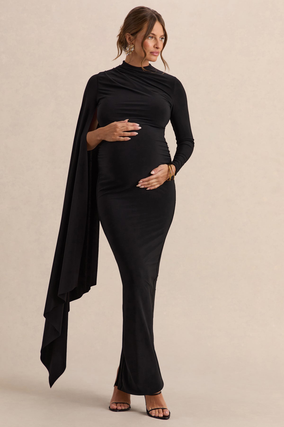 Lavinia | Black High-Neck Maternity Maxi Dress With Cape-Sleeve - UK 14 Black Lavinia | Black High-Neck Maternity Maxi Dress With Cape-Sleeve - UK 14 Black