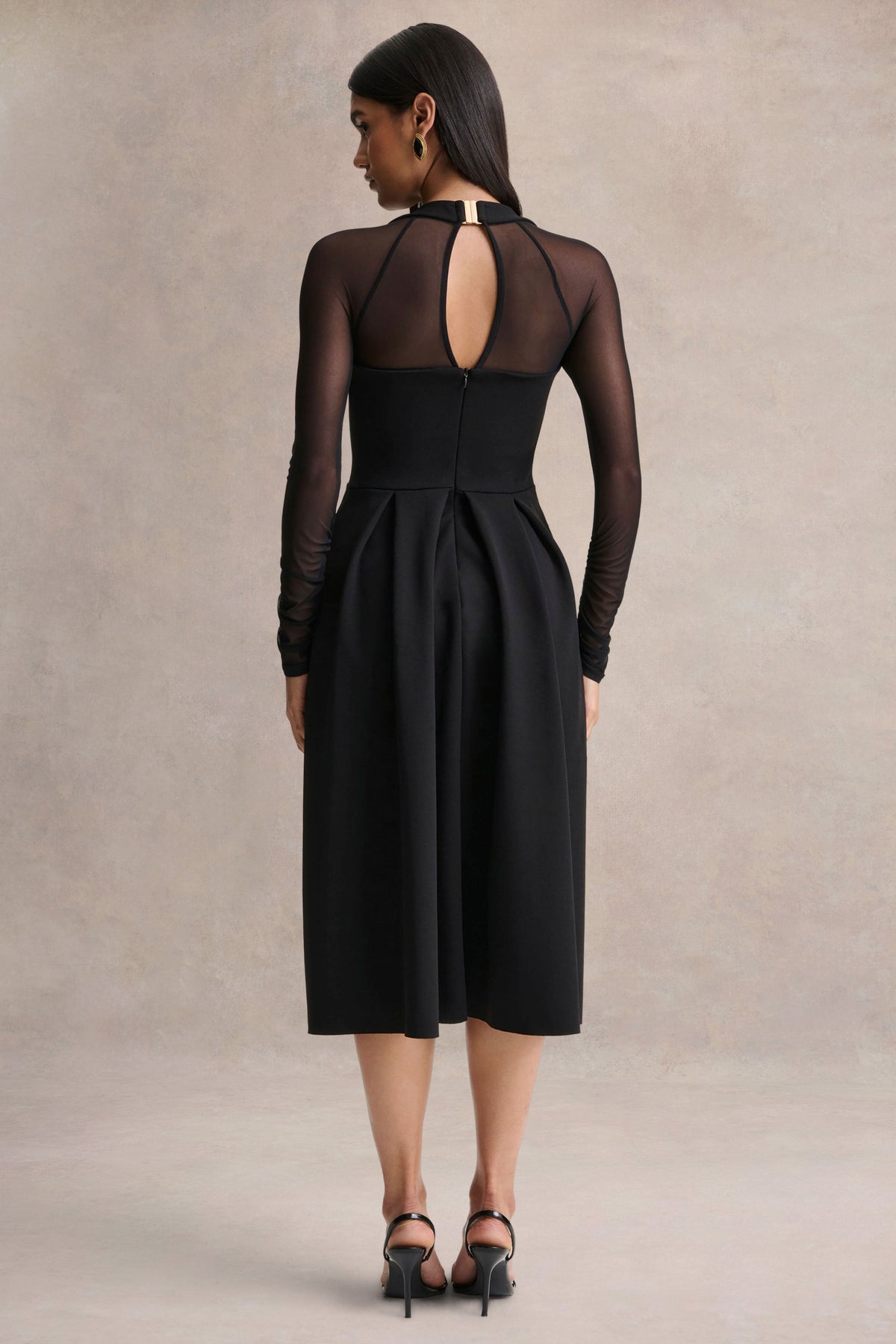 Melinda | Black Square-Neck Midi Dress with Mesh Detailing - UK 10 Black Melinda | Black Square-Neck Midi Dress with Mesh Detailing - UK 10 Black