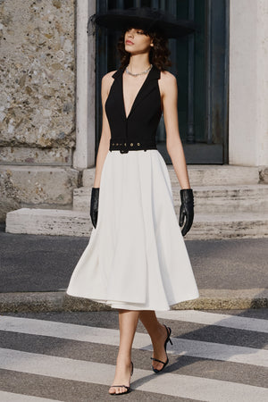 white dress with black top Alessa | & Plunge-Neck Tailored Midi three quarter sleeve gown Choose your size:57 over design that flows Miluxas Women's Summer Casual