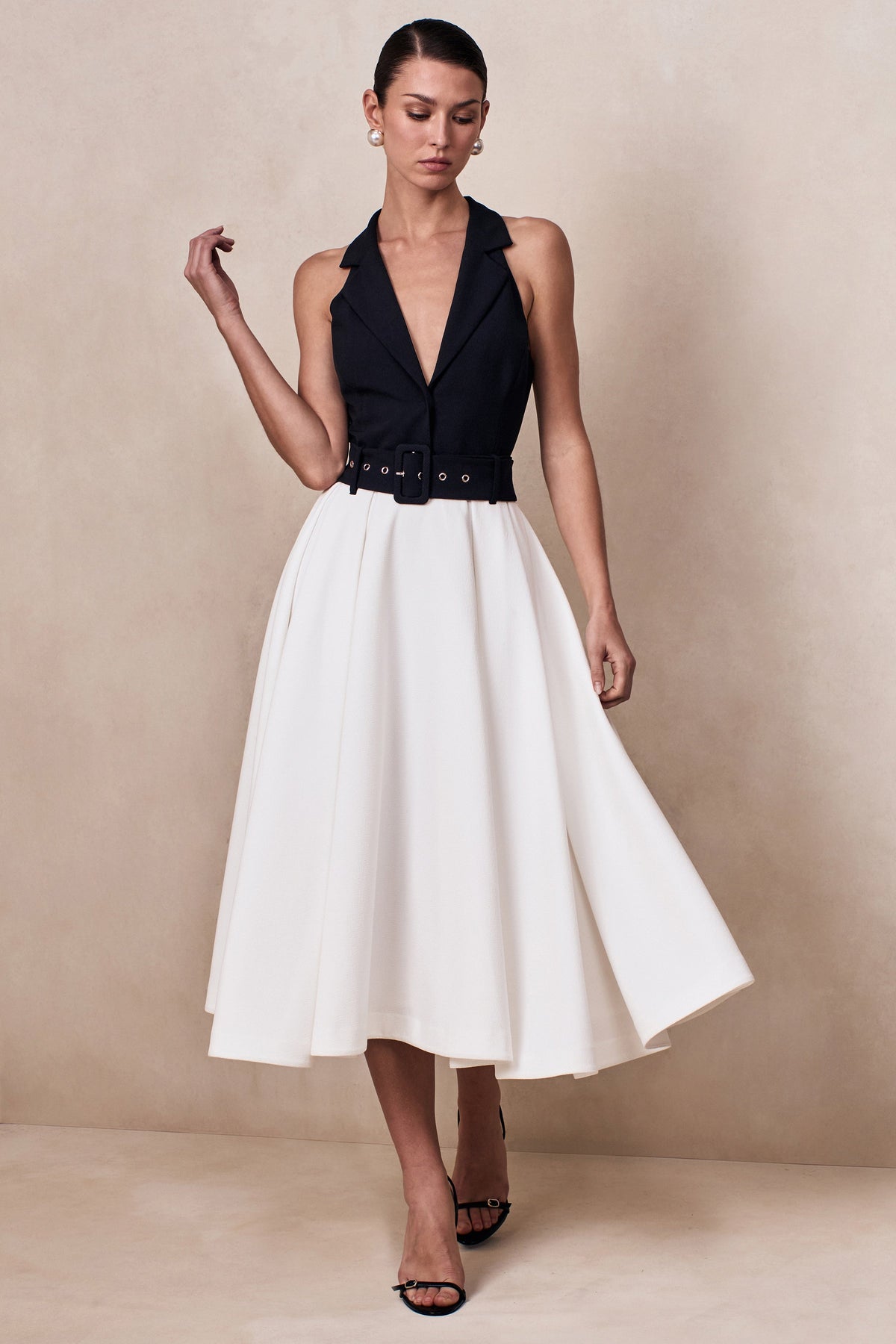 Alessa | Black & White Plunge-Neck Tailored Midi Dress Alessa | Black & White Plunge-Neck Tailored Midi Dress