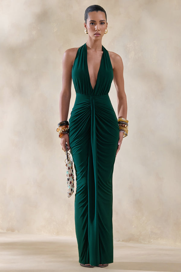 Lesley Bottle Green Plunge-Neck Maxi Dress  Club L London - USA