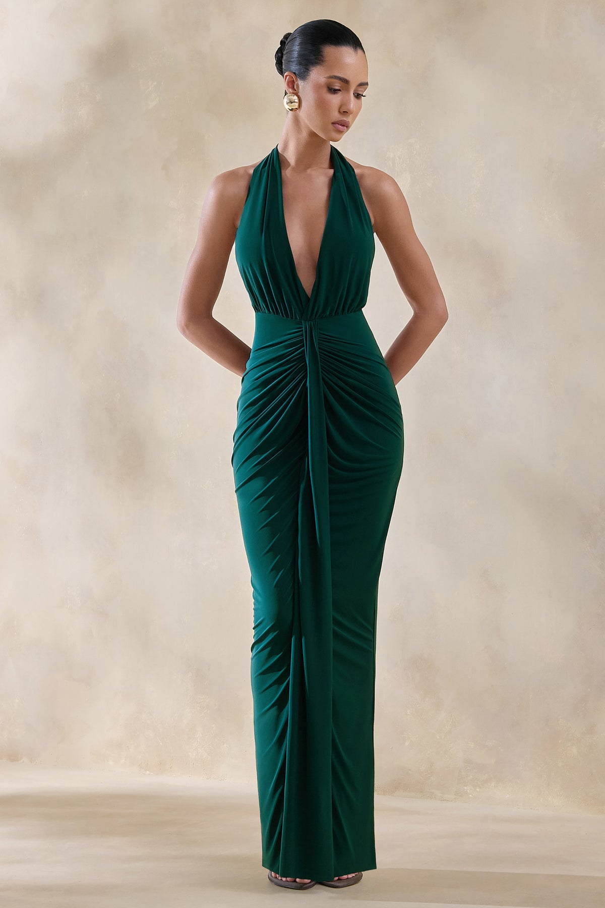 Lesley Bottle Green Plunge-Neck Maxi Dress Club L London - USA Lesley Bottle Green Plunge-Neck Maxi Dress Club L London - USA