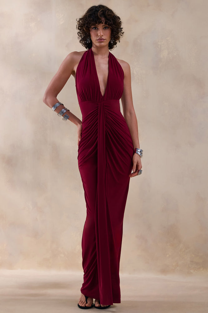 Lesley | Burgundy Plunge-Neck Maxi Dress - UK 12 Burgundy Lesley | Burgundy Plunge-Neck Maxi Dress - UK 12 Burgundy