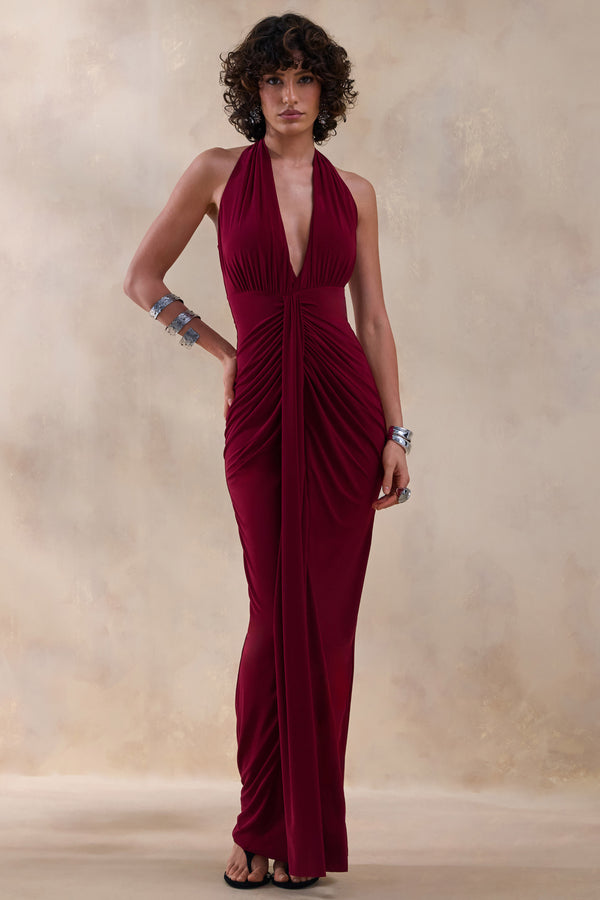 Lesley Burgundy Plunge-Neck Maxi Dress – Club L London