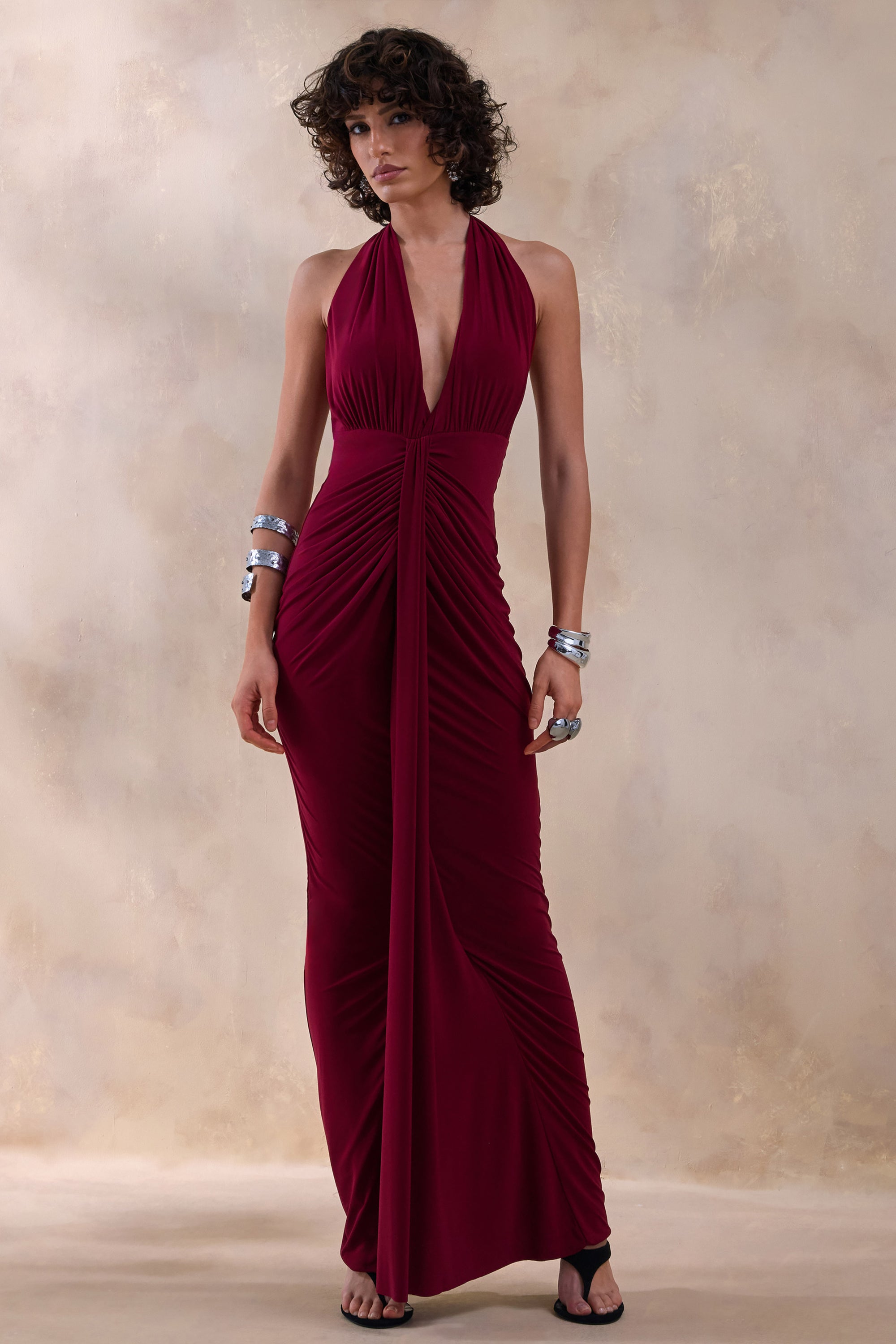 burgundy low cut dress V-Neck Burgundy Deep Lace Sweep Train Backless Long Prom Gown, MP450