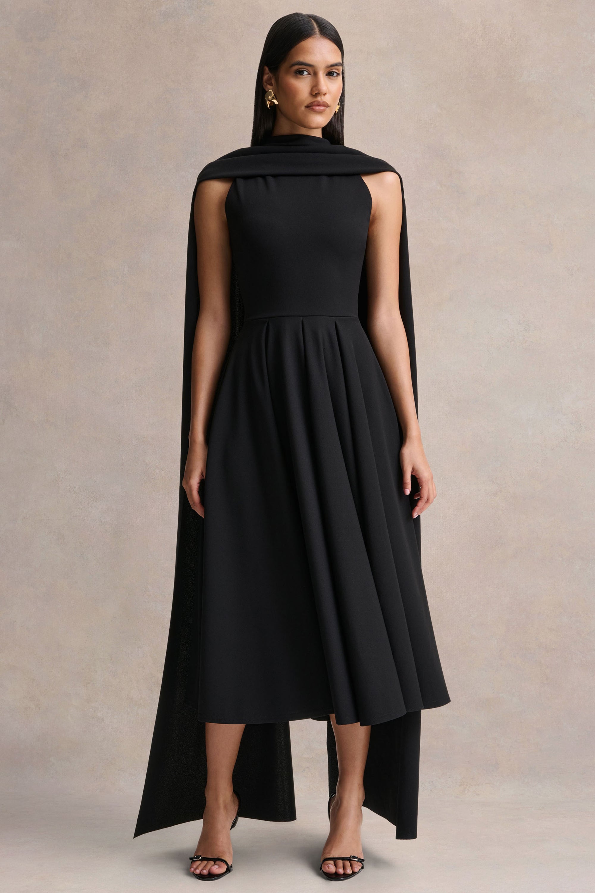 Nova | Black High-Neck Midi Dress With Cape-Sleeves