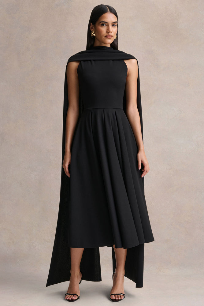Nova Black High-Neck Midi Dress With Cape-Sleeves Club L London - USA Nova Black High-Neck Midi Dress With Cape-Sleeves Club L London - USA