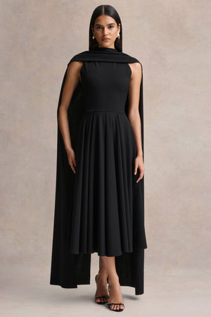 Nova | Black High-Neck Midi Dress With Cape-Sleeves – Club L