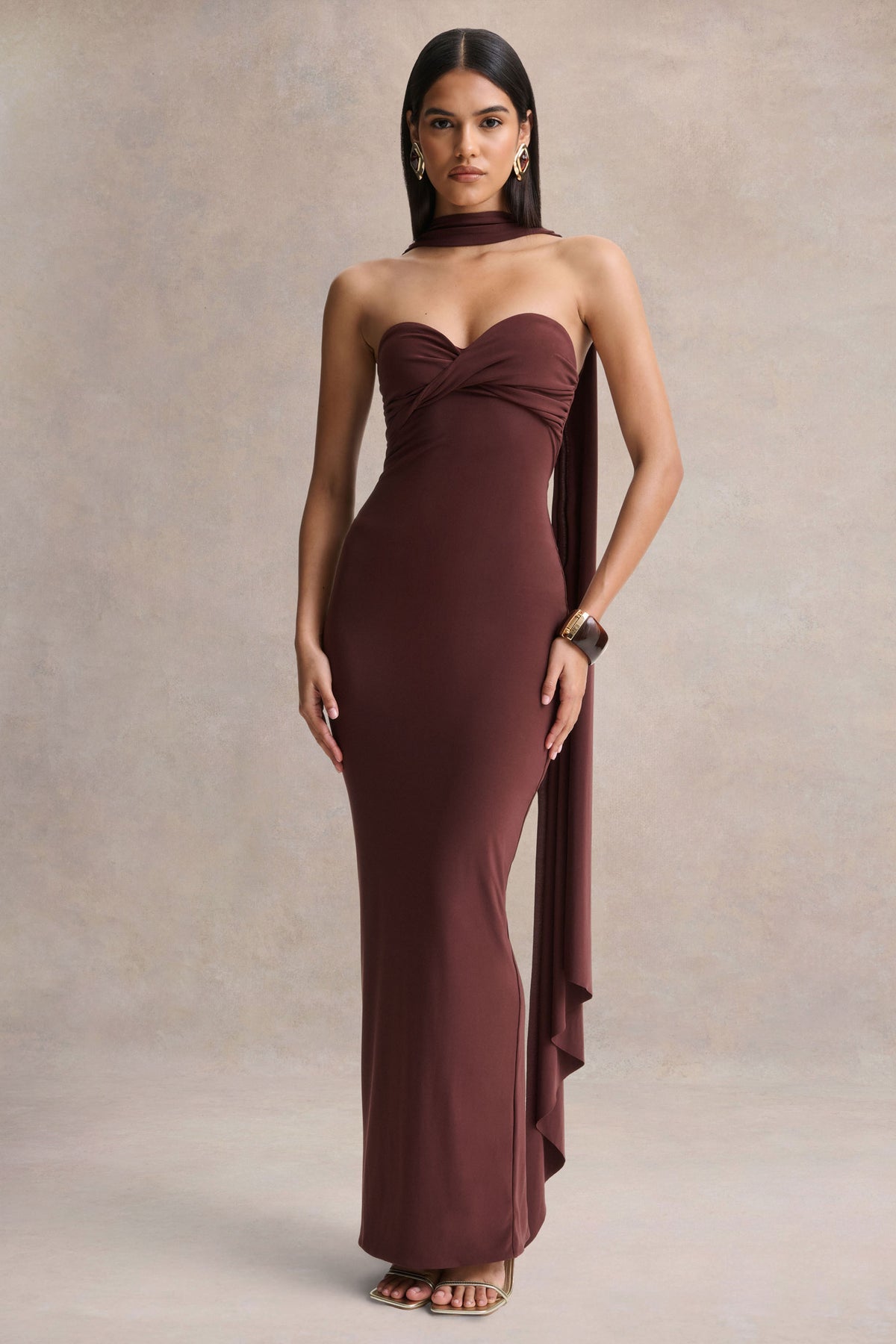 Sheila Dark Brown Bandeau Maxi Dress With Scarf Detail Club L London - USA Sheila Dark Brown Bandeau Maxi Dress With Scarf Detail Club L London - USA