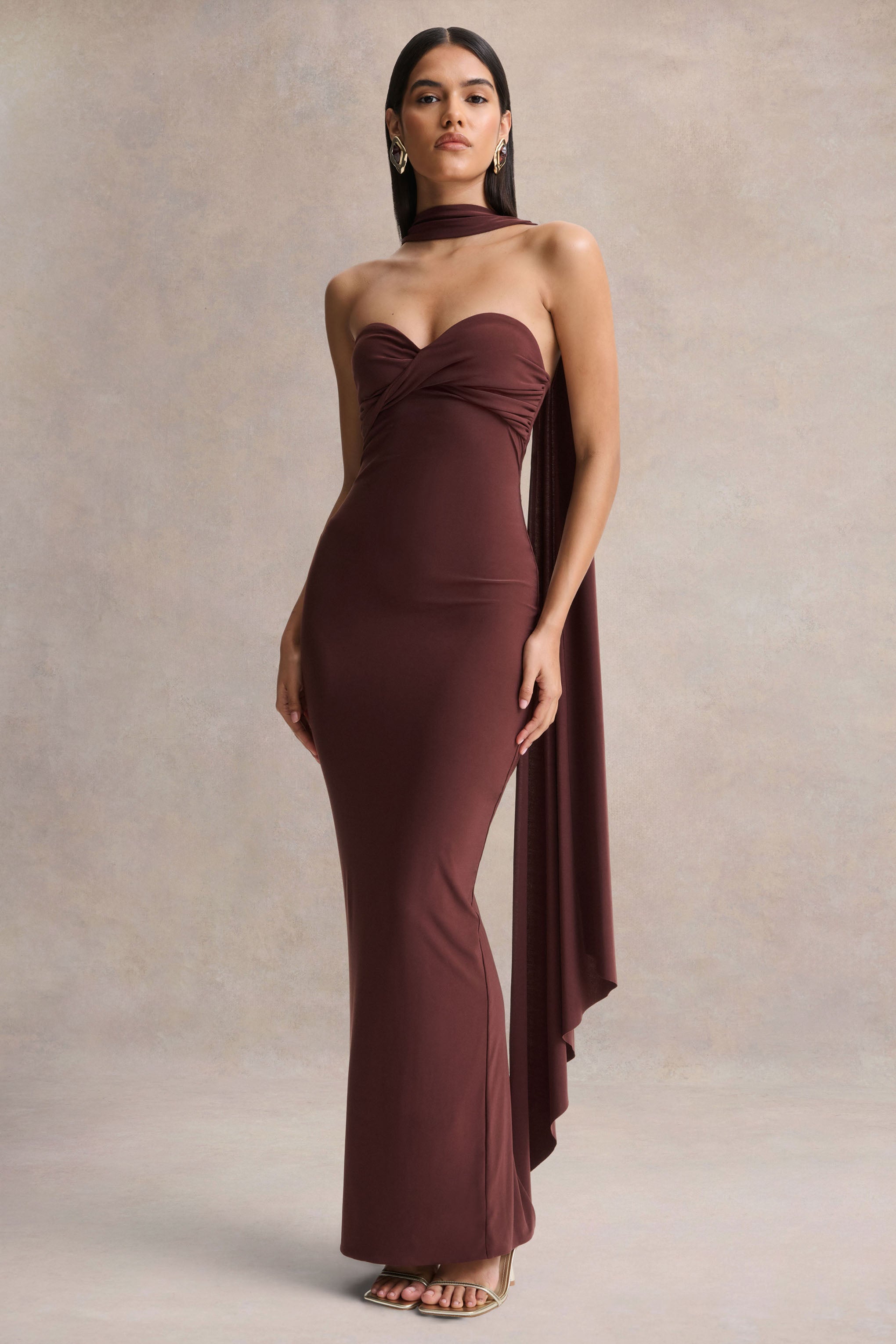 Sheila | Dark Brown Bandeau Maxi Dress With Scarf Detail – Club L
