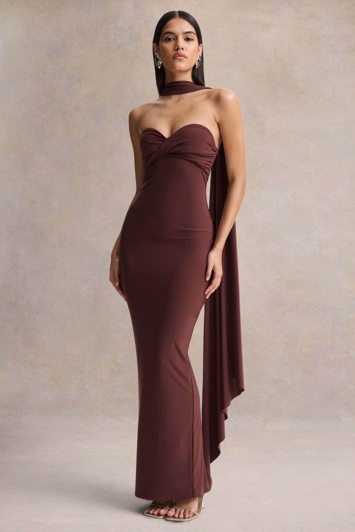 Sheila | Dark Brown Bandeau Maxi Dress With Scarf Detail - UK 12 Brown Sheila | Dark Brown Bandeau Maxi Dress With Scarf Detail - UK 12 Brown