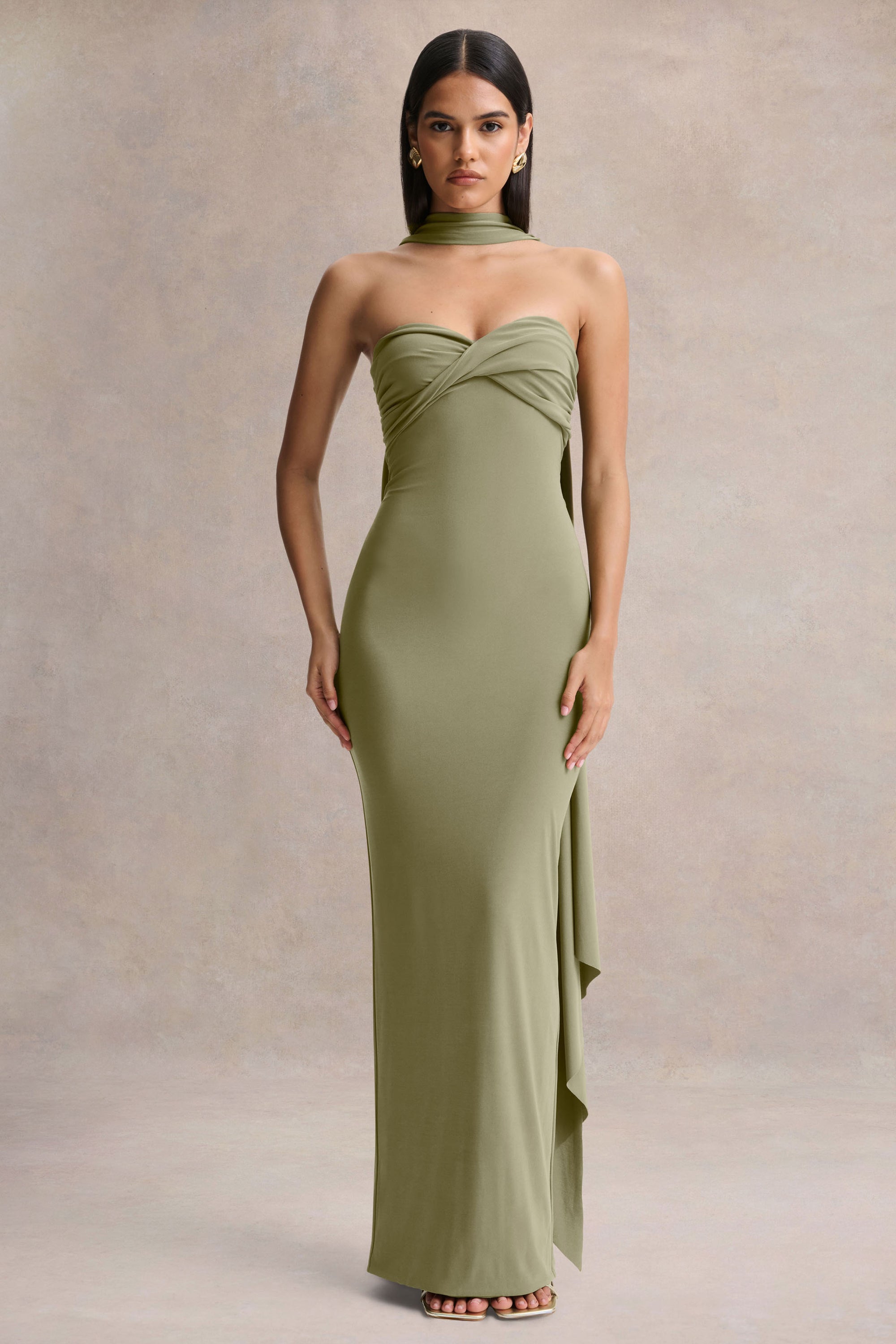 olive green dress with scarf ASOS DESIGN Tall high neck scarf maxi dress in olive green