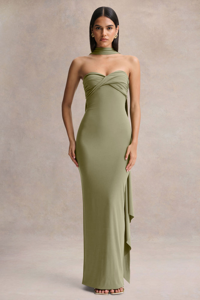 Sheila | Olive Bandeau Maxi Dress with Scarf Detail