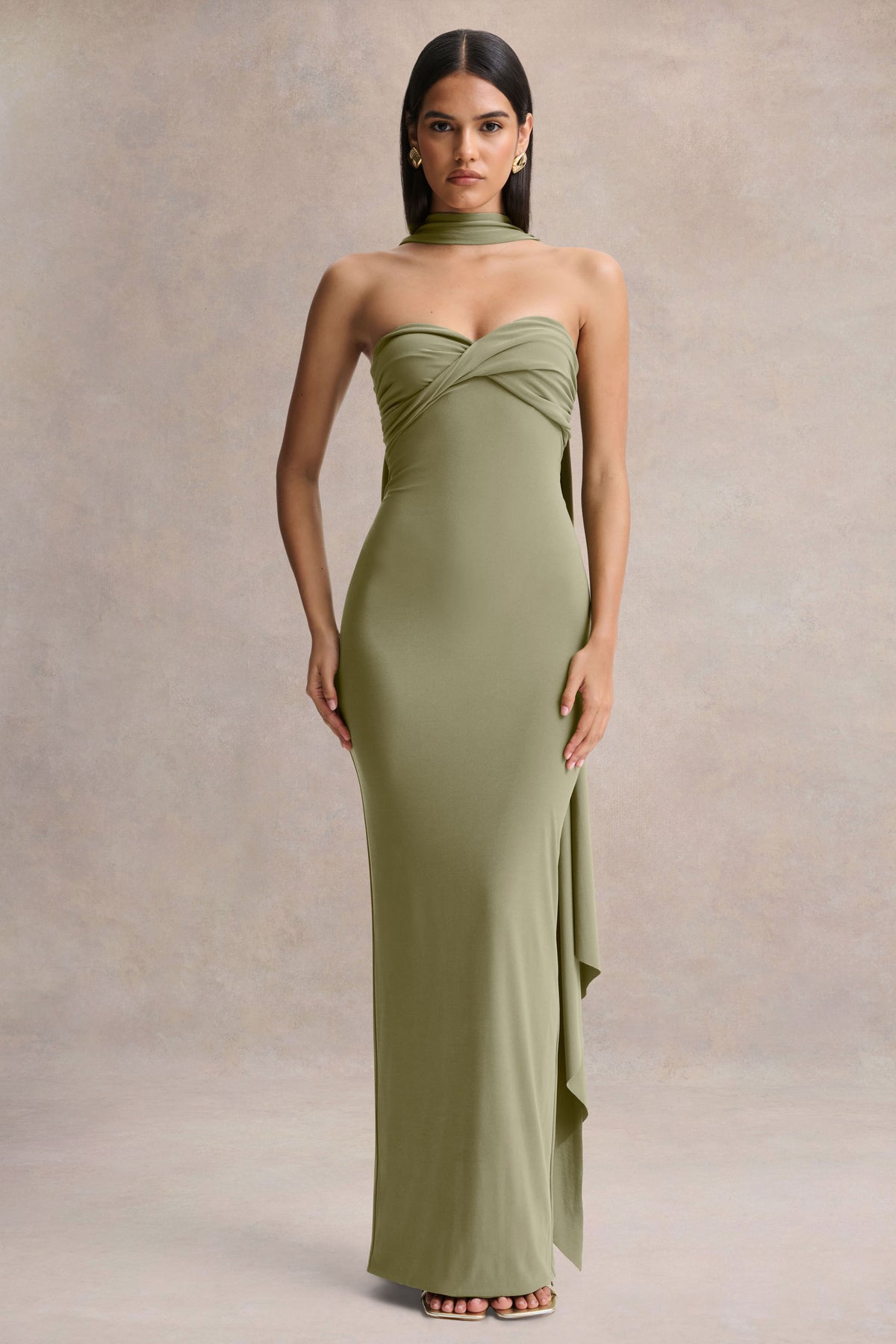 Sheila | Olive Bandeau Maxi Dress With Scarf Detail - UK 12 Olive Sheila | Olive Bandeau Maxi Dress With Scarf Detail - UK 12 Olive