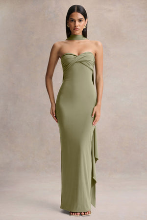 Sheila | Olive Bandeau Maxi Dress With Scarf Detail – Club L