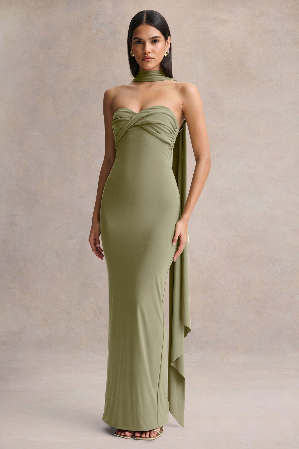 Sheila Olive Bandeau Maxi Dress With Scarf Detail Club L London - USA Sheila Olive Bandeau Maxi Dress With Scarf Detail Club L London - USA