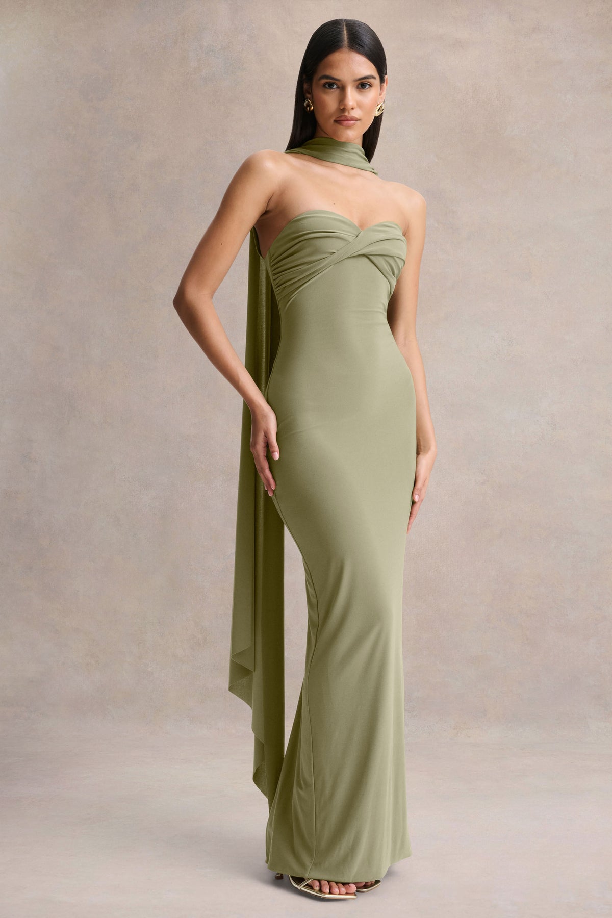Sheila | Olive Bandeau Maxi Dress With Scarf Detail - UK 12 Olive Sheila | Olive Bandeau Maxi Dress With Scarf Detail - UK 12 Olive