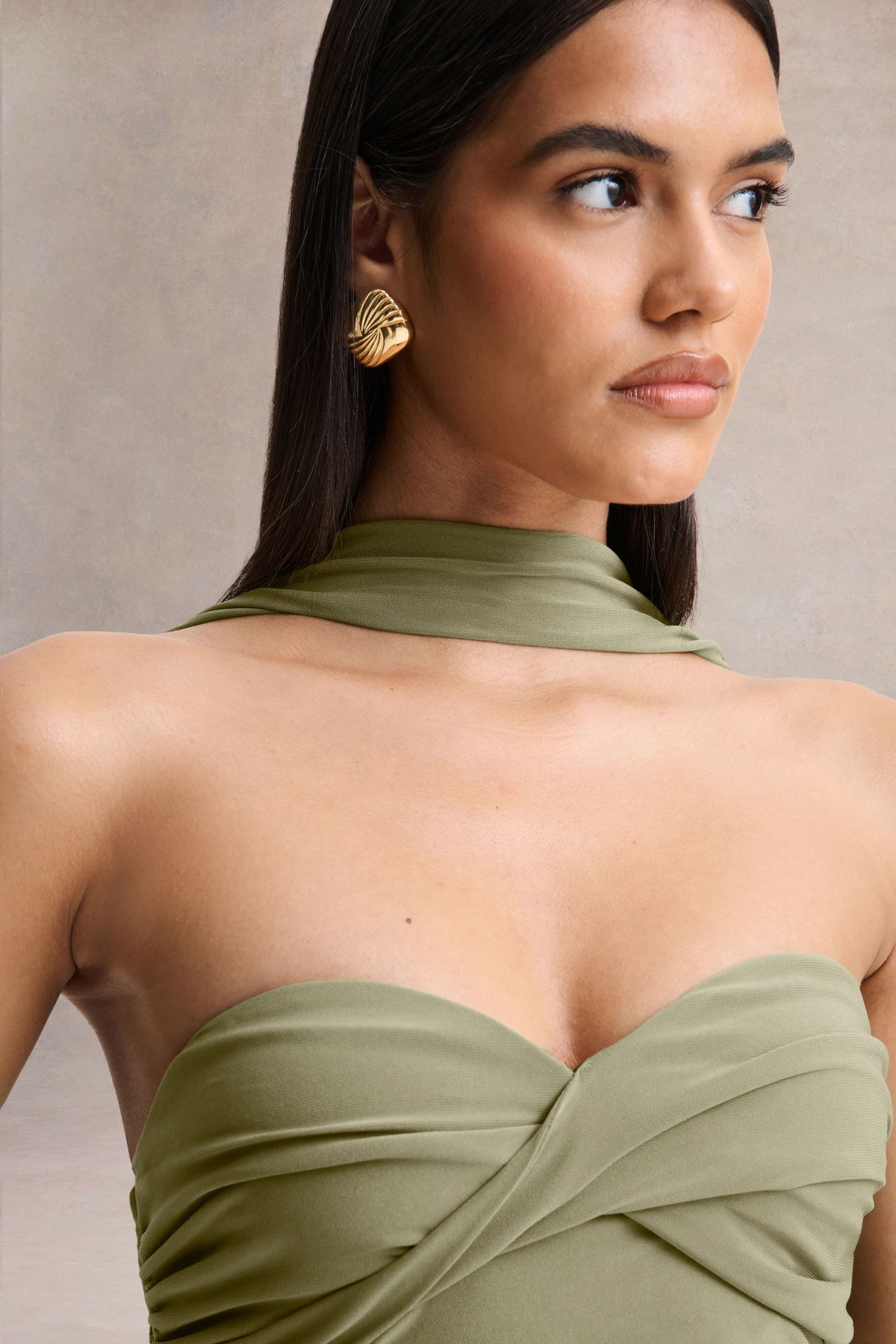 Sheila | Olive Bandeau Maxi Dress With Scarf Detail - UK 12 Olive Sheila | Olive Bandeau Maxi Dress With Scarf Detail - UK 12 Olive