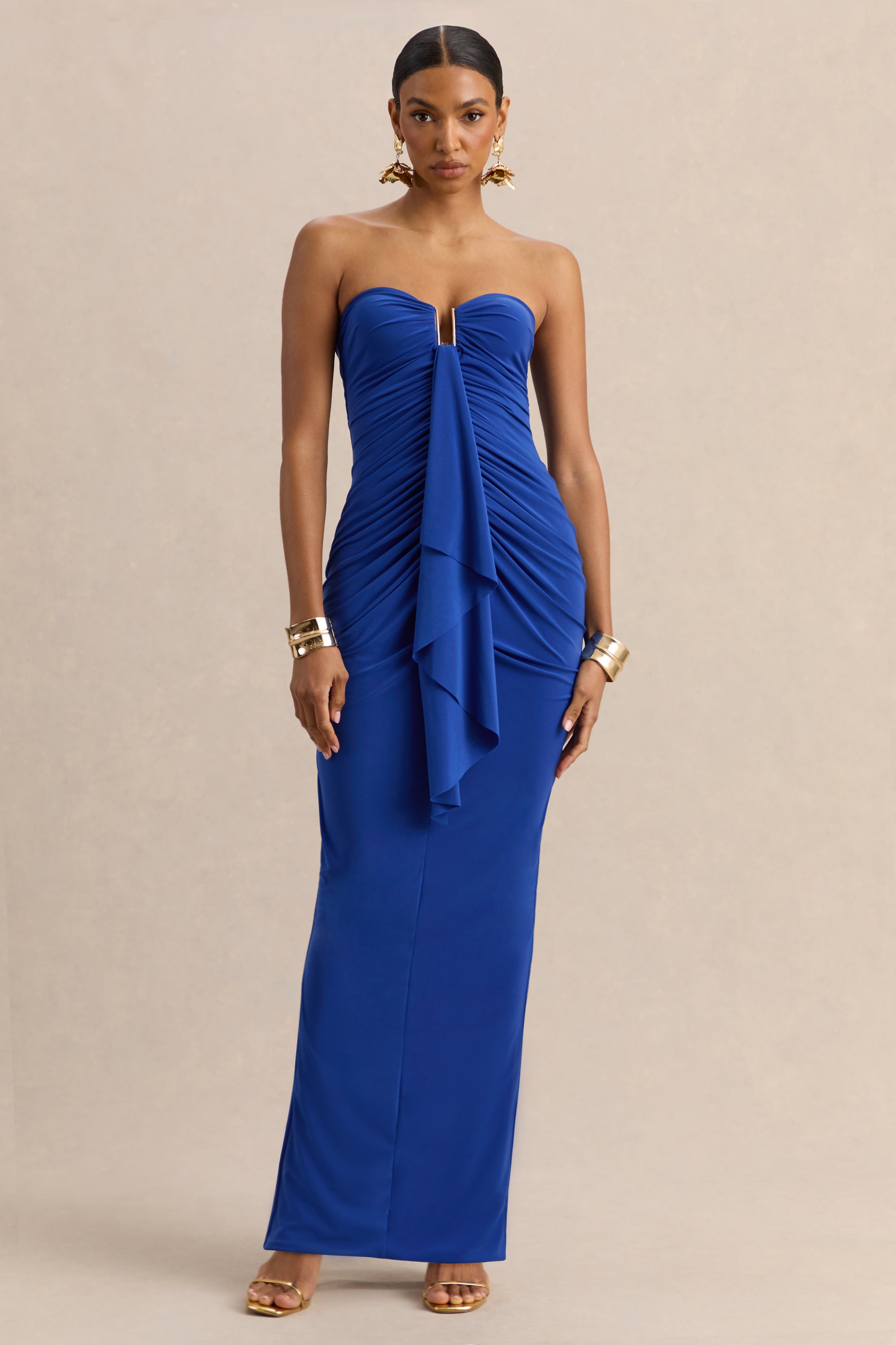 Chloe | Blue Bandeau Maxi Dress With Ruffled Detailing – Club L London