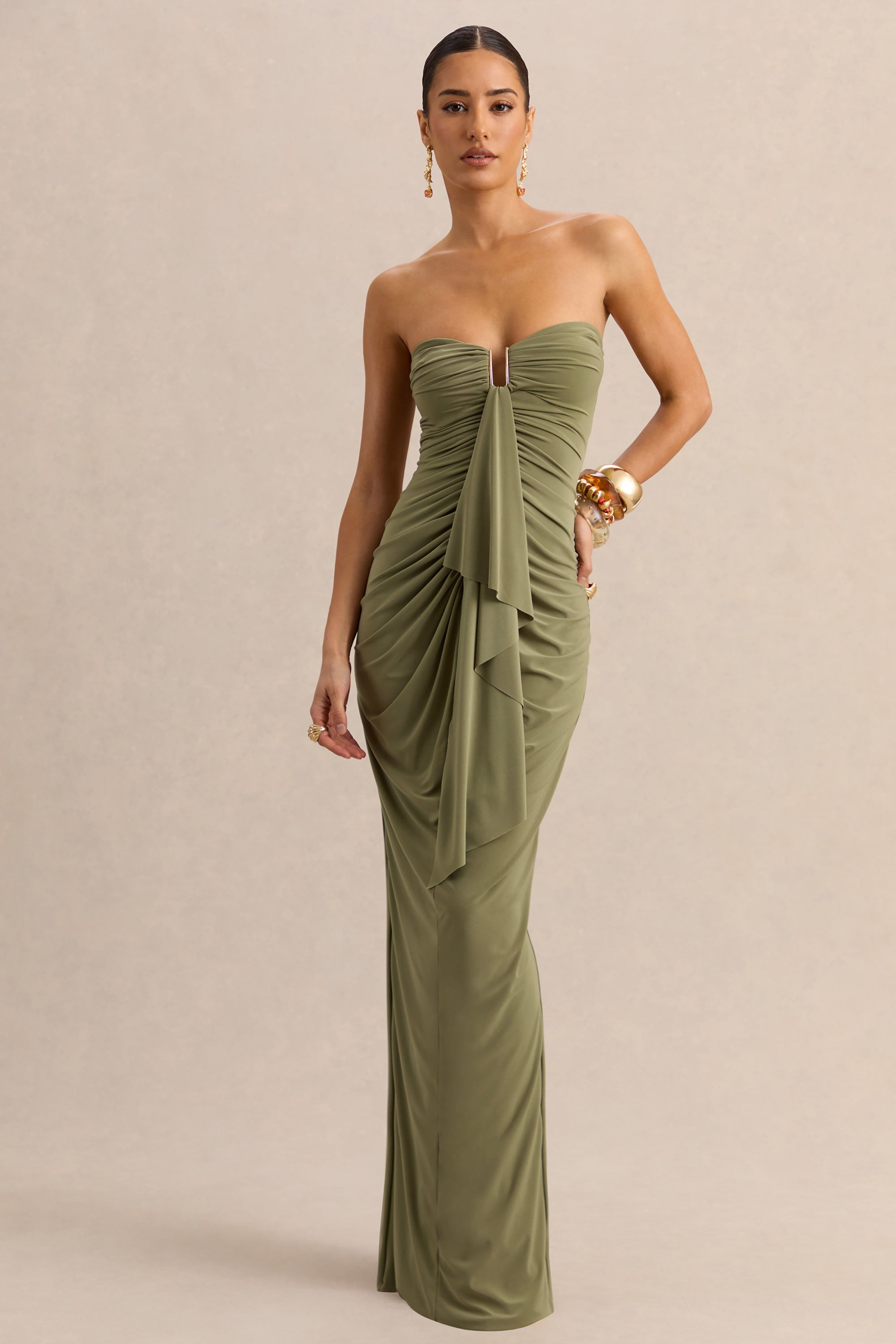Chloe | Olive Bandeau Maxi Dress With Ruffled Detailing – Club L London