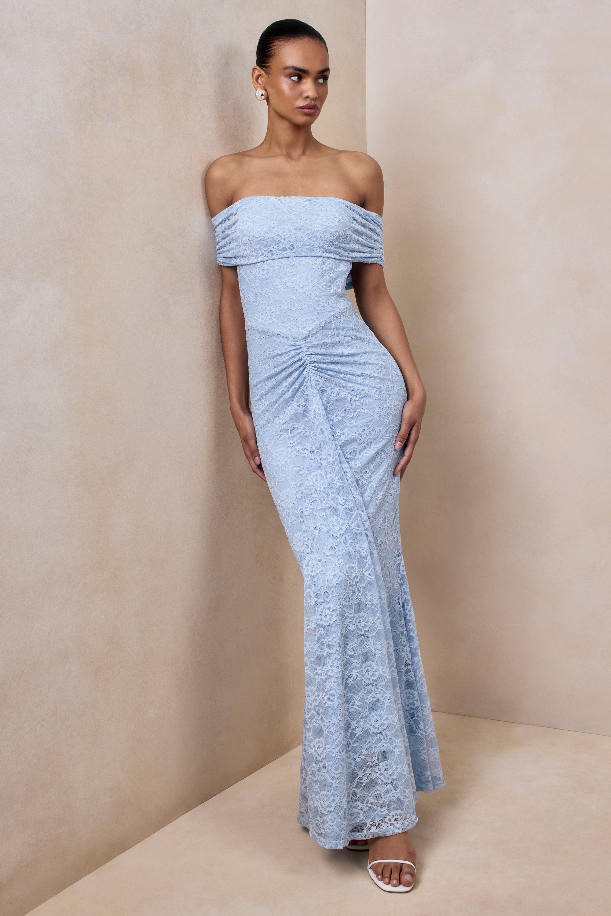 bardot lace dress blue Bardot Fold Over Long Sleeve Mini Dress In Blue Lace | EGO US