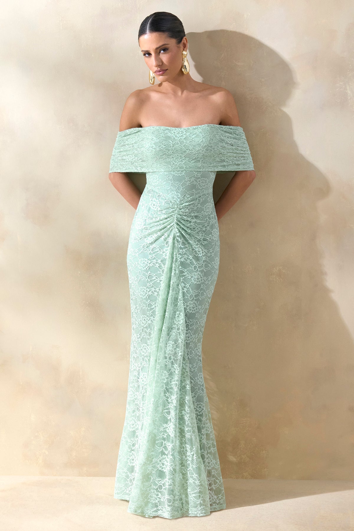 Elinor | SAGE Lace Bardot-Neck Maxi Dress With Gathered-Detailing - UK 14 SAGE Elinor | SAGE Lace Bardot-Neck Maxi Dress With Gathered-Detailing - UK 14 SAGE