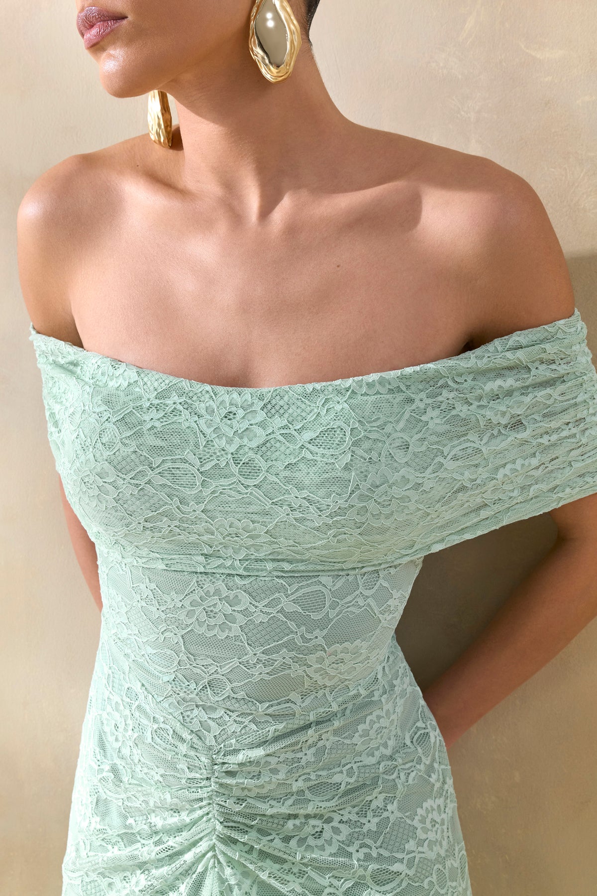 Elinor | SAGE Lace Bardot-Neck Maxi Dress With Gathered-Detailing - UK 14 SAGE Elinor | SAGE Lace Bardot-Neck Maxi Dress With Gathered-Detailing - UK 14 SAGE