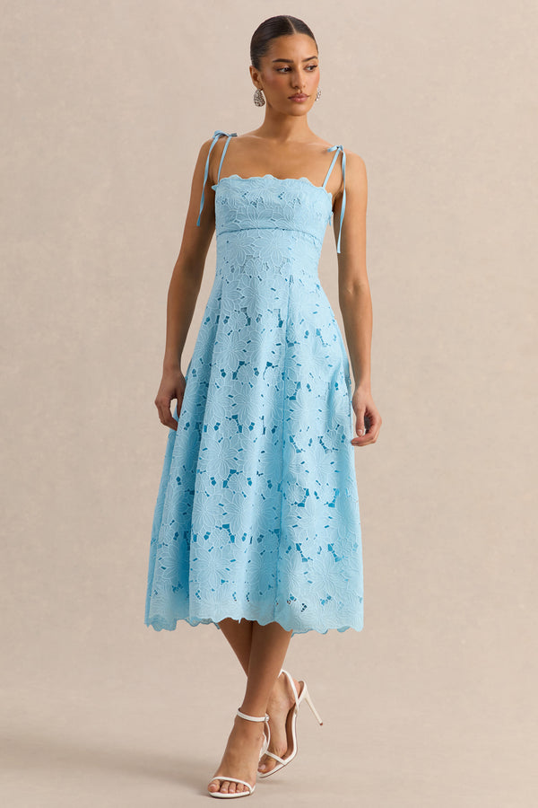 Anna | Embroidered Powder BLUE Square-Neck Midi Dress - UK 12 LIGHT BLUE Anna | Embroidered Powder BLUE Square-Neck Midi Dress - UK 12 LIGHT BLUE