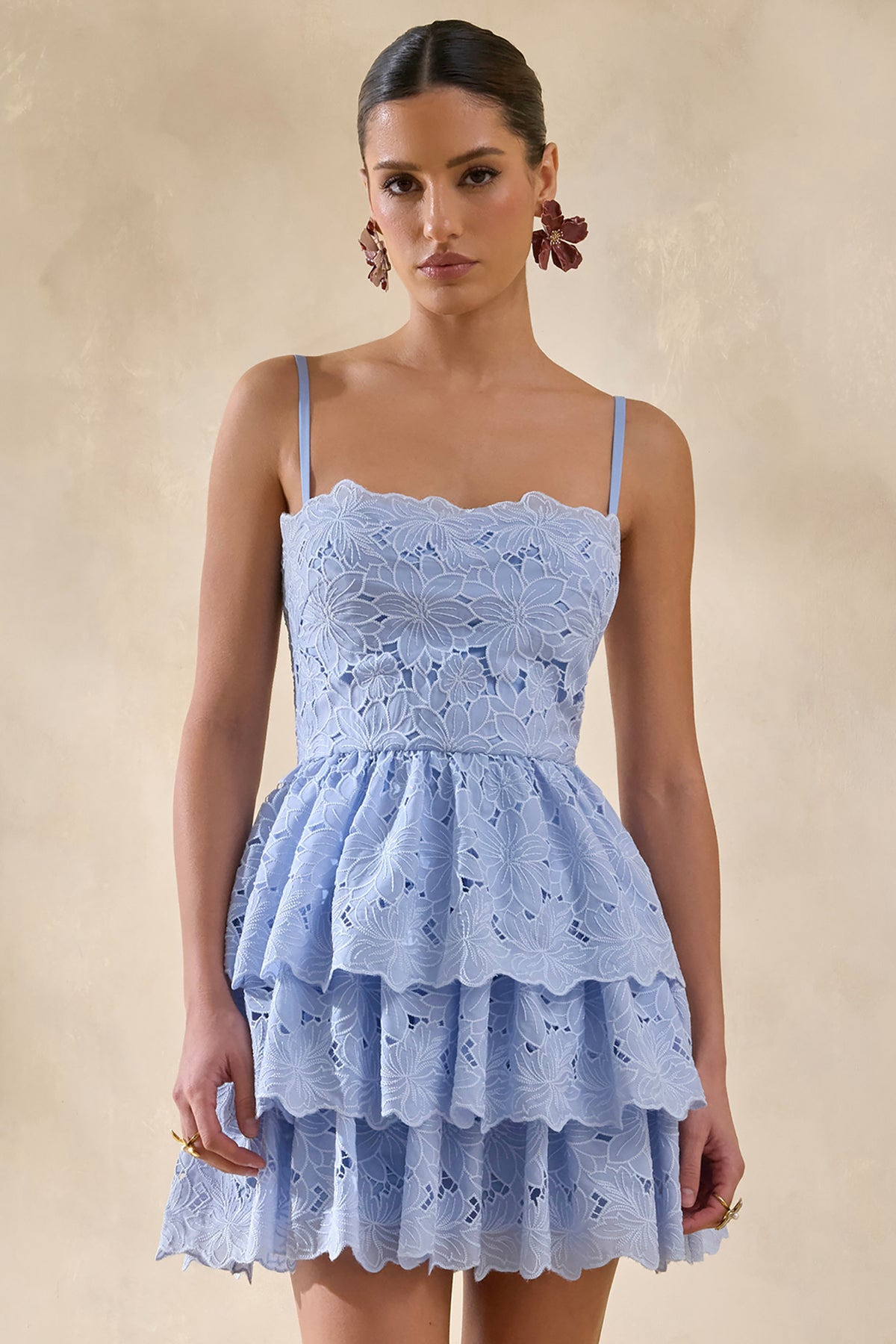 Winona Powder Blue Lace Square-Neck Mini Dress With Ruffled Detailin Club L London - USA Winona Powder Blue Lace Square-Neck Mini Dress With Ruffled Detailin Club L London - USA
