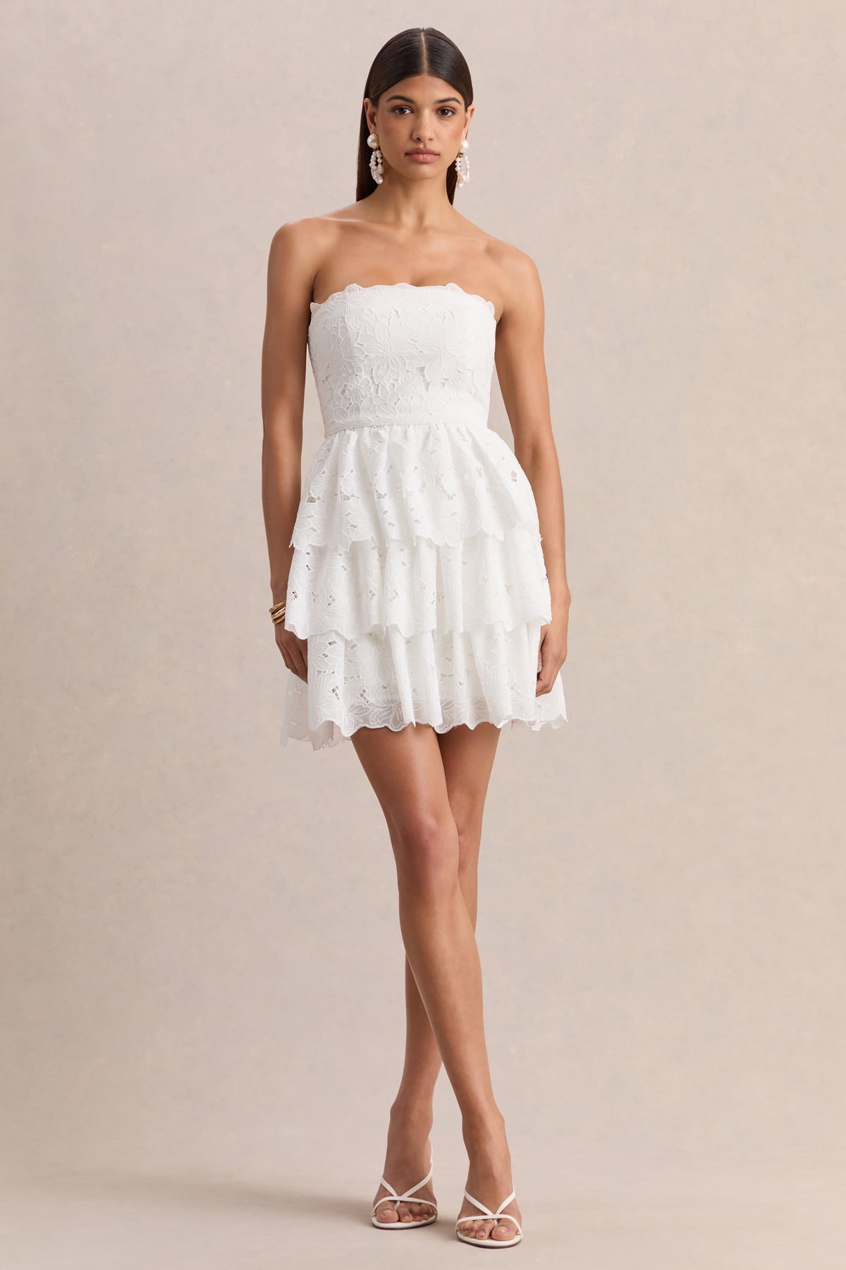Winona White Lace Square-Neck Mini Dress With Ruffled Detailing Club L London - USA Winona White Lace Square-Neck Mini Dress With Ruffled Detailing Club L London - USA