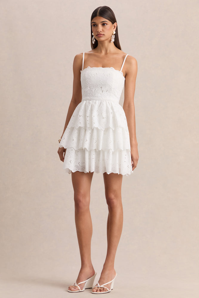 Winona | White Lace Square-Neck Mini Dress With Ruffled Detailing - UK 6 White Winona | White Lace Square-Neck Mini Dress With Ruffled Detailing - UK 6 White