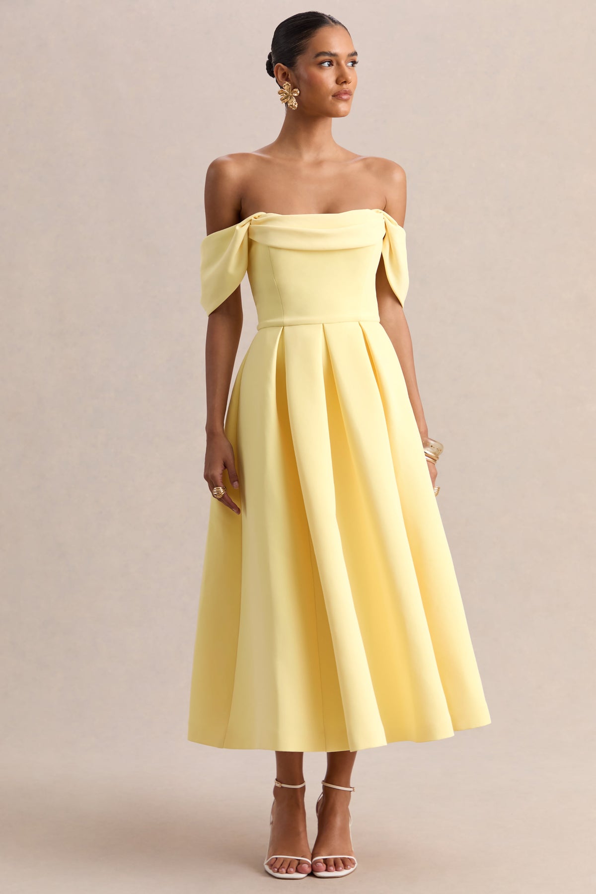 Cosima Lemon Bardot-Neck Midi Dress – Club L London Cosima Lemon Bardot-Neck Midi Dress – Club L London