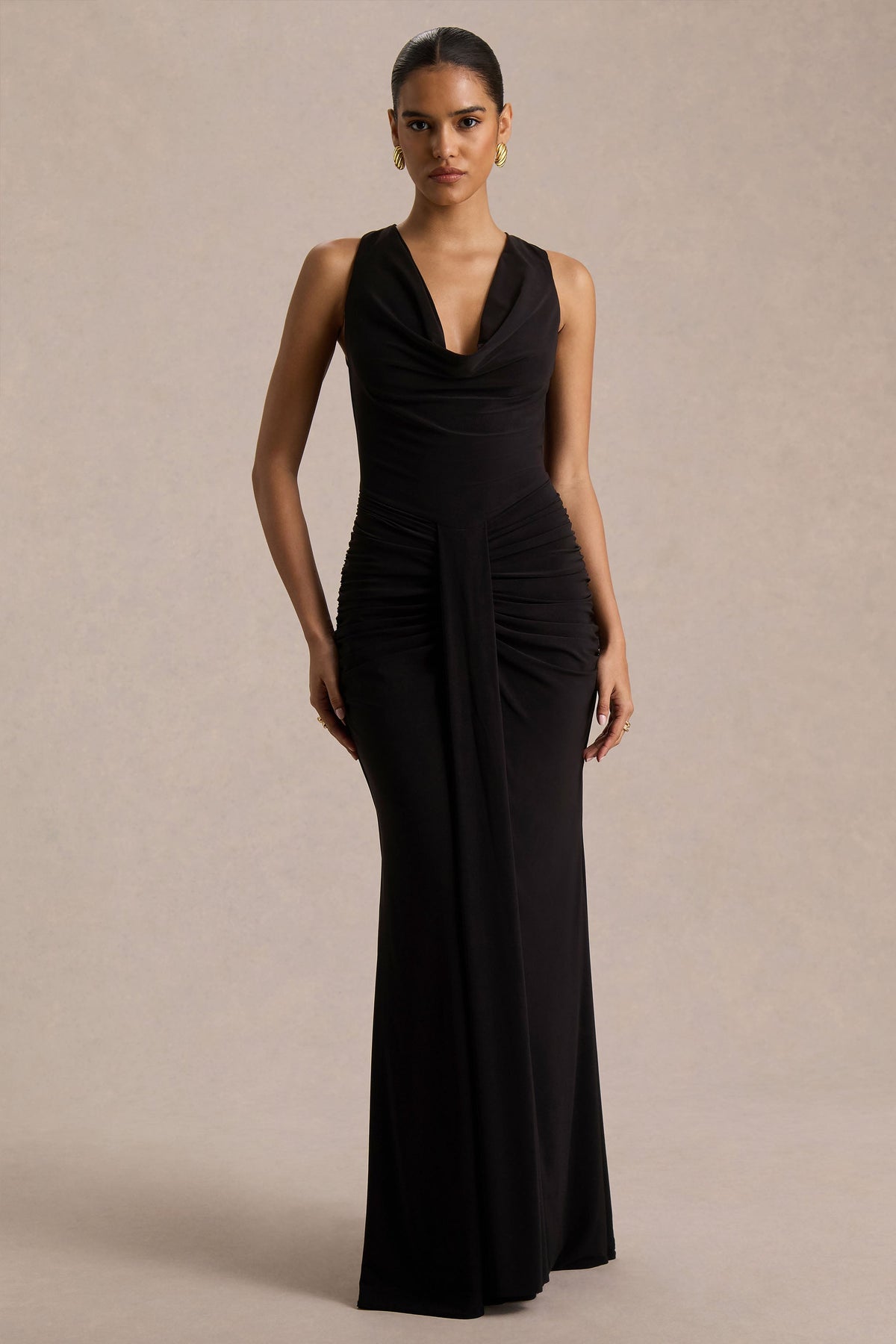Mallie Black Cowl-Neck Maxi Dress With Gathered-Detailing – Club L London