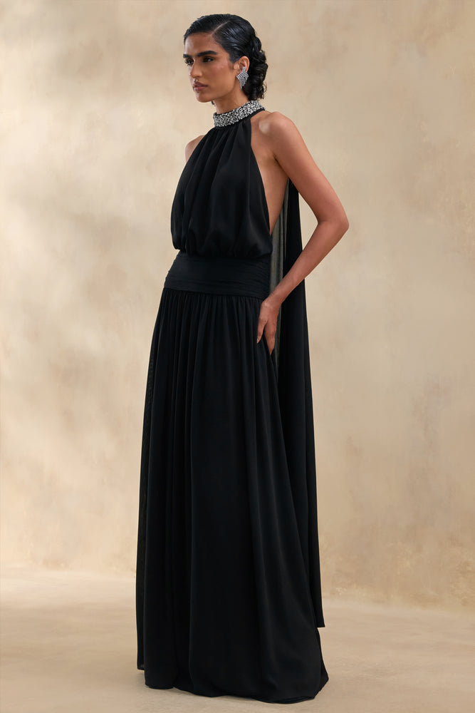 Marie Black Halter-Neck Maxi Dress With Embellished Detailing – Club L  London
