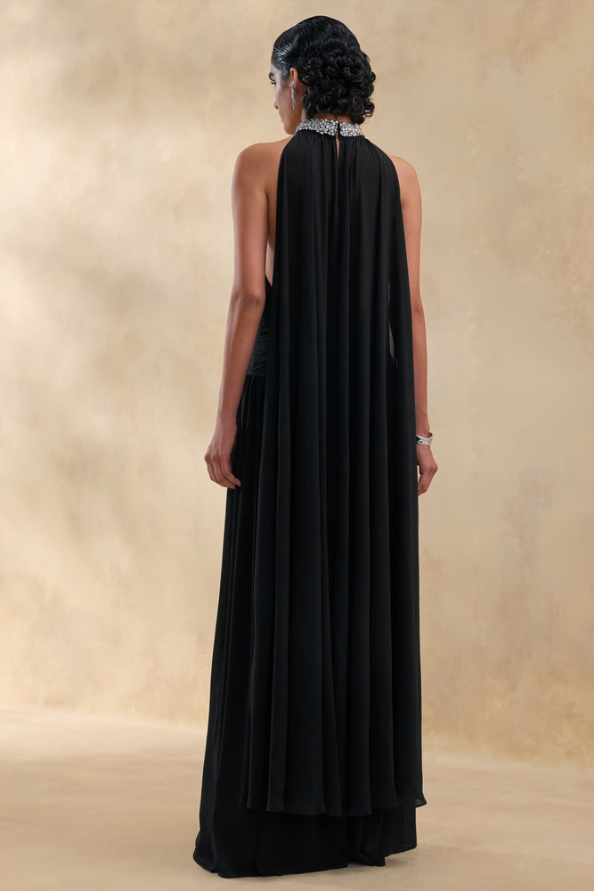 marie maxi dress Marie | Black Halter-Neck Maxi Dress With Embellished Detailing