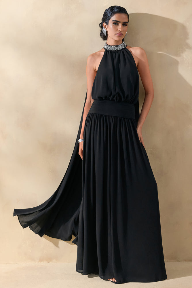 Marie Black Halter-Neck Maxi Dress With Embellished Detailing Club L London - USA Marie Black Halter-Neck Maxi Dress With Embellished Detailing Club L London - USA