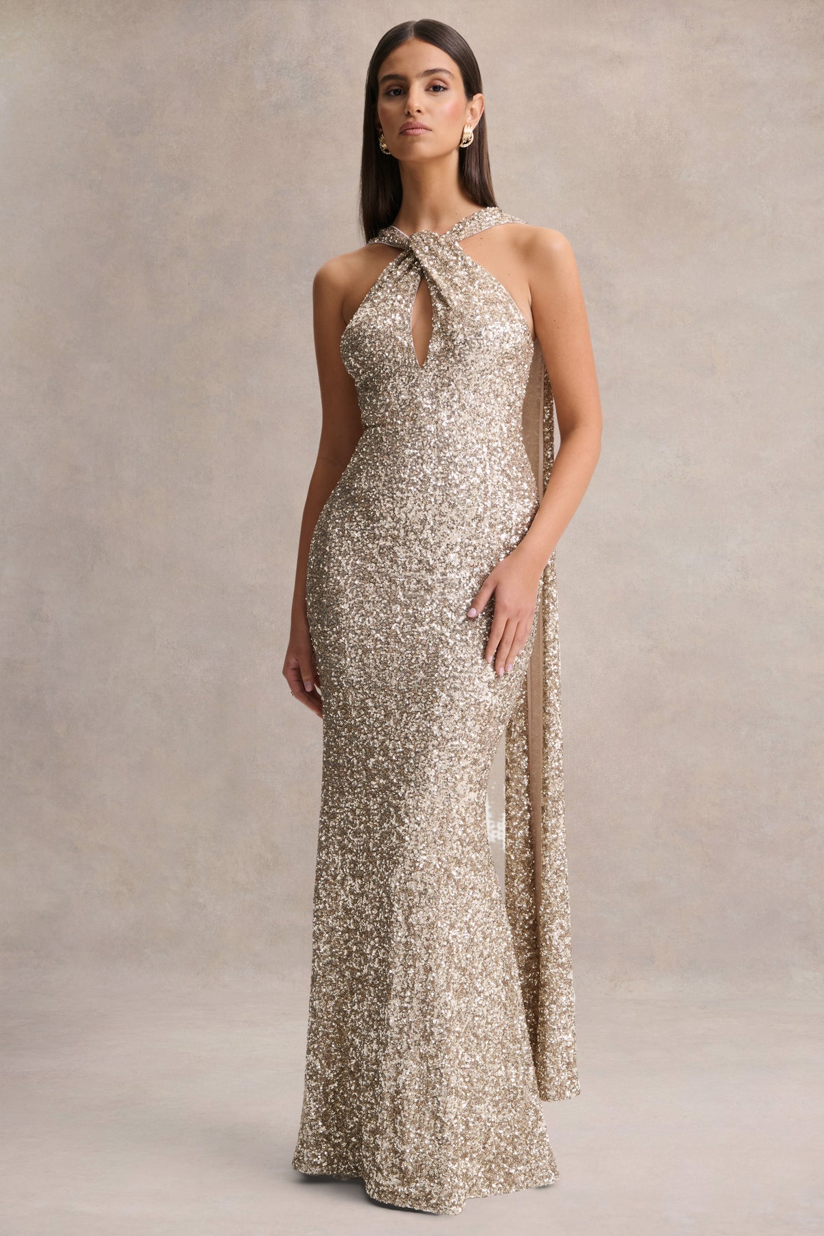 Renelle Gold Sequin Halter-Neck Maxi Dress Club L London - USA Renelle Gold Sequin Halter-Neck Maxi Dress Club L London - USA