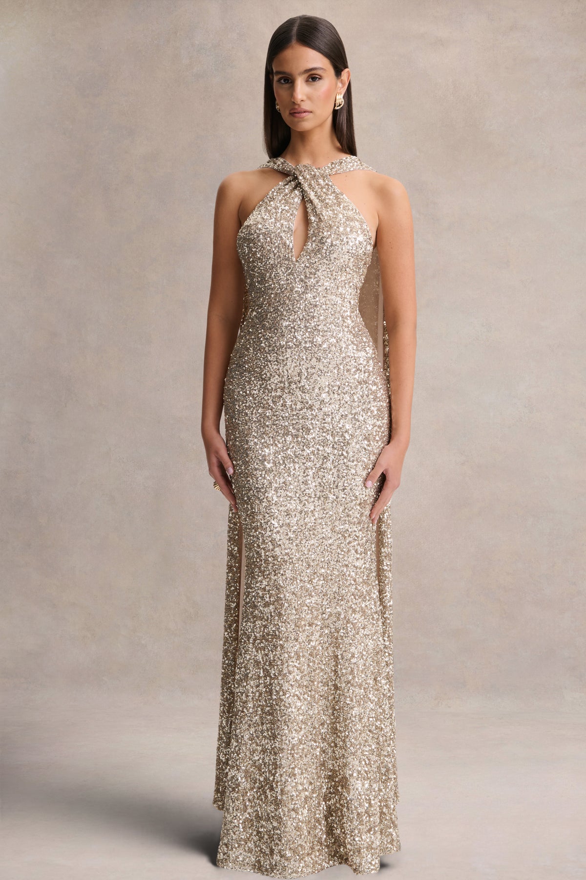 Renelle | GOLD Sequin Halter-Neck Maxi Dress - UK 8 GOLD METALLIC Renelle | GOLD Sequin Halter-Neck Maxi Dress - UK 8 GOLD METALLIC