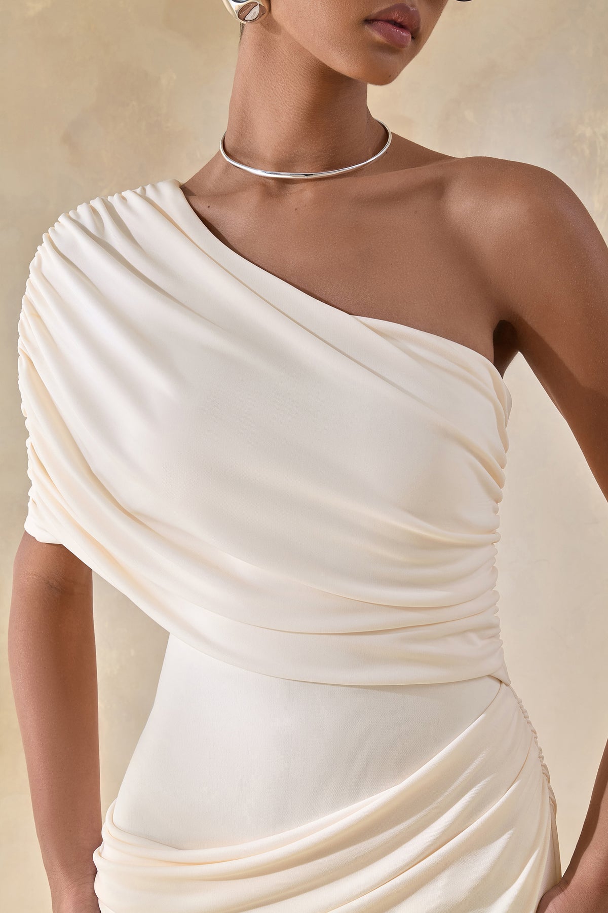 Iberia Cream Asymmetric-Neck Maxi Dress With Draped Detail Club L London - USA Iberia Cream Asymmetric-Neck Maxi Dress With Draped Detail Club L London - USA