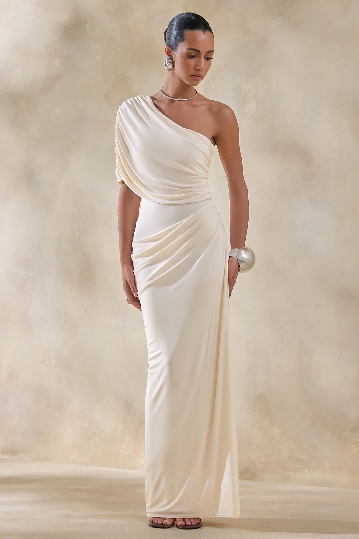 Iberia Cream Asymmetric-Neck Maxi Dress With Draped Detail Club L London - USA Iberia Cream Asymmetric-Neck Maxi Dress With Draped Detail Club L London - USA