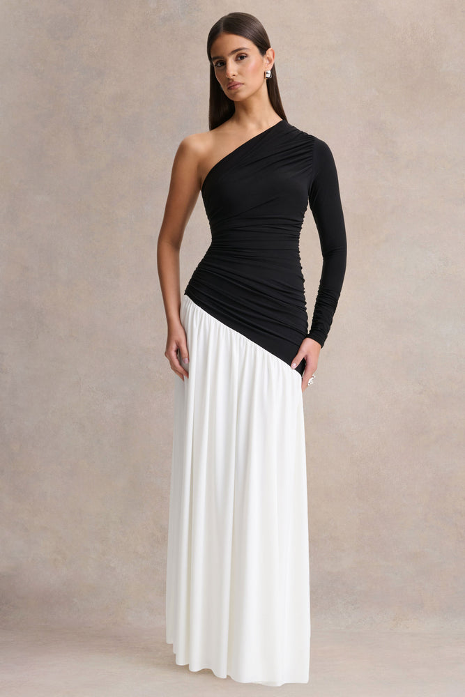Danila | Black And White Asymmetric-Neck Maxi Dress With Drop-Waist - UK 14 MONOCHROME Danila | Black And White Asymmetric-Neck Maxi Dress With Drop-Waist - UK 14 MONOCHROME